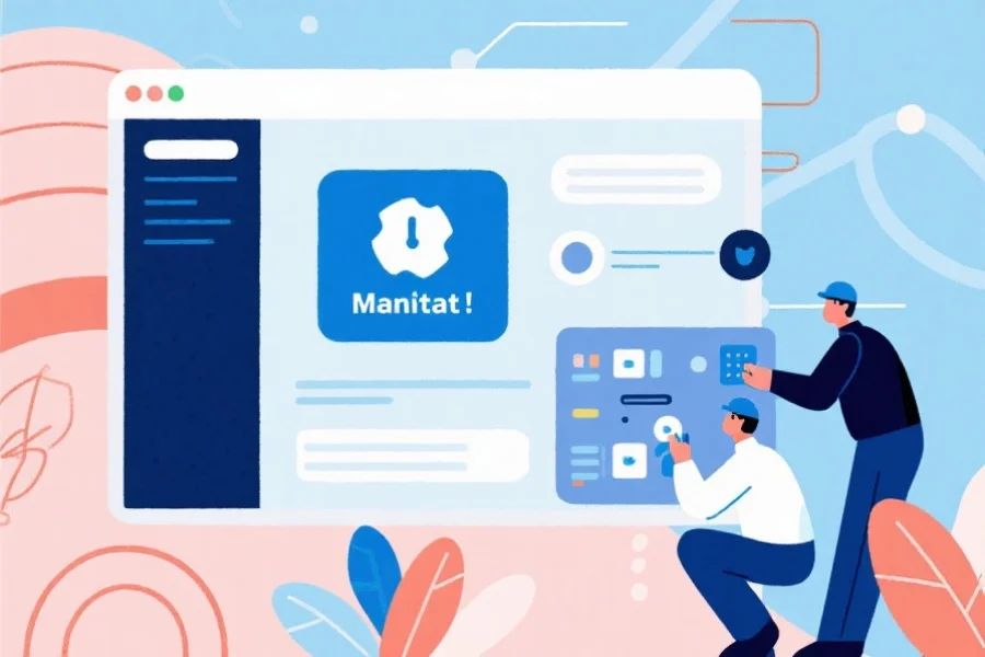 抽象插画表现数字平台系统维护，屏幕上显示维护提示，旁边有技术人员正在检查设备