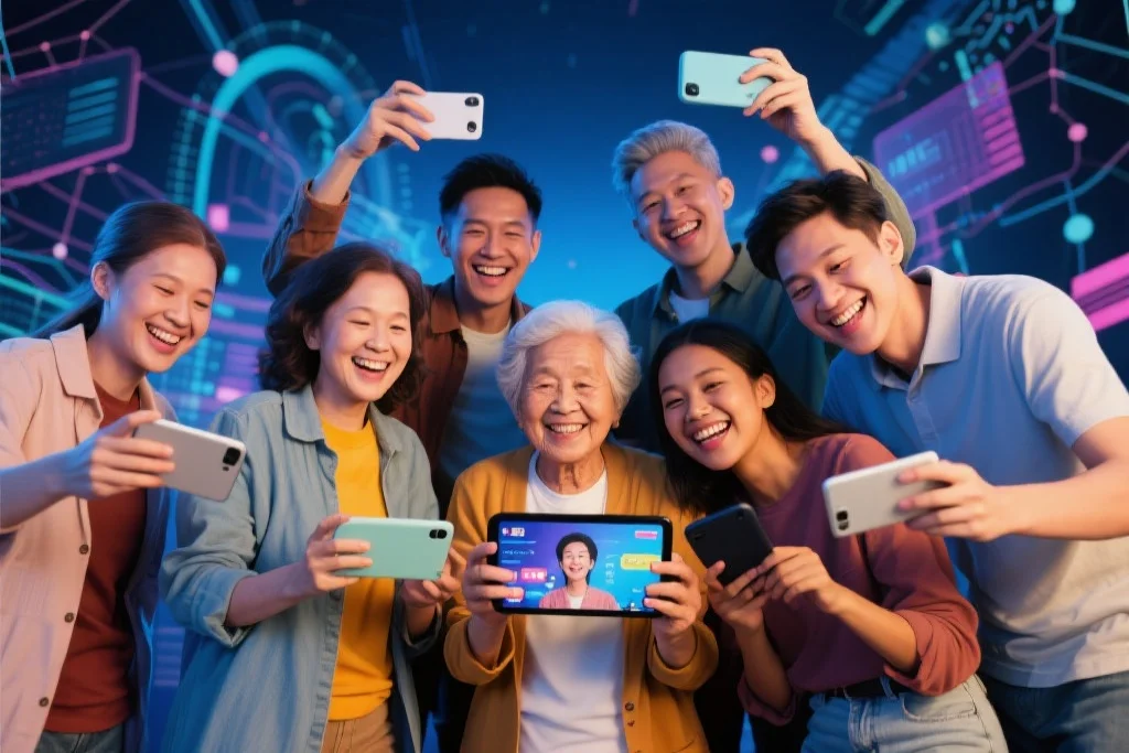 一群用户通过数字设备享受娱乐，体现南宫娱乐的社区活力